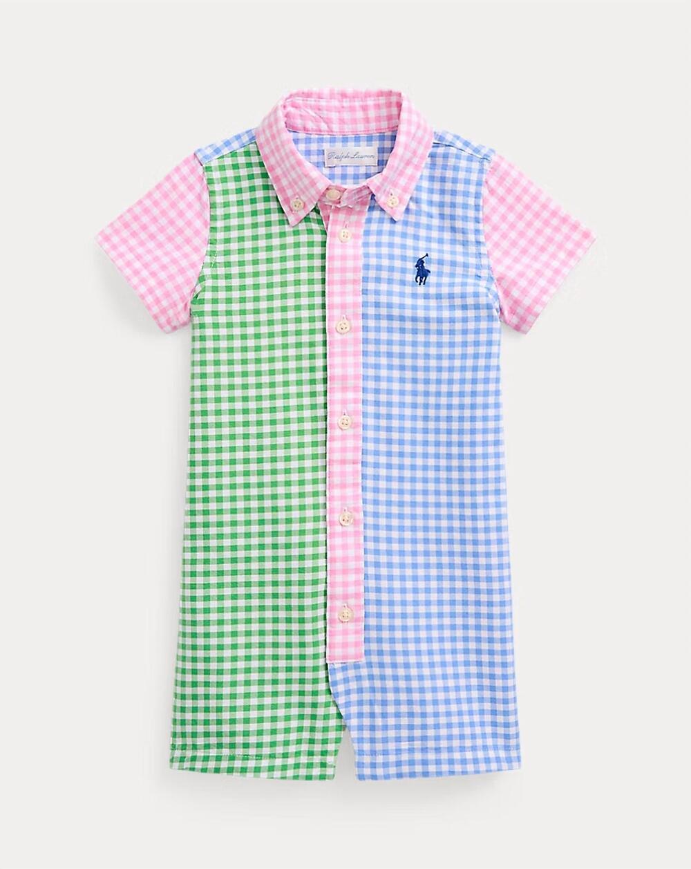 NEW RALPH LAUREN boy's gingham oxford romper in pink/ green/ blue